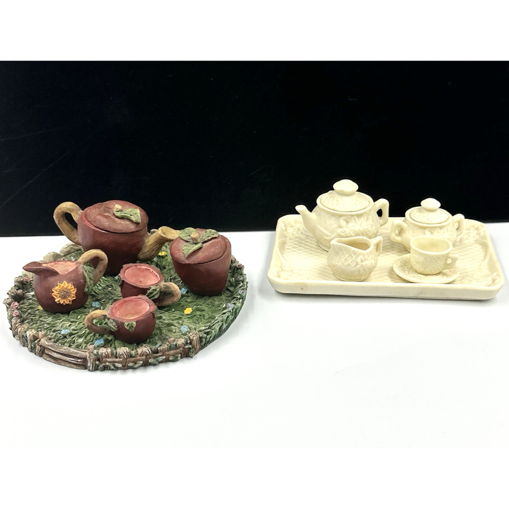 Miniature Dollhouse Play Tea Set White Ceramic 5 pc-Resin Sunflower Garden 6 pc